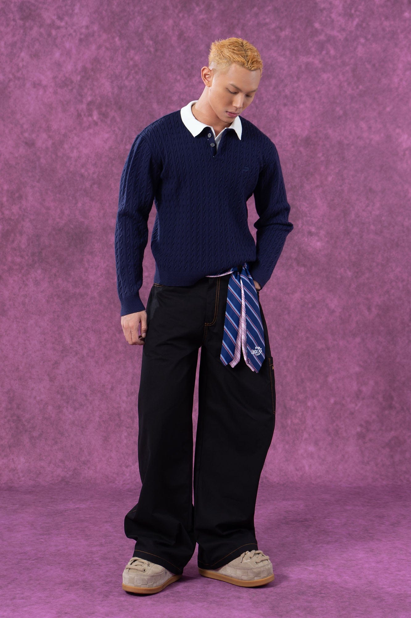 Preppy Cable Knit Polo Sweater