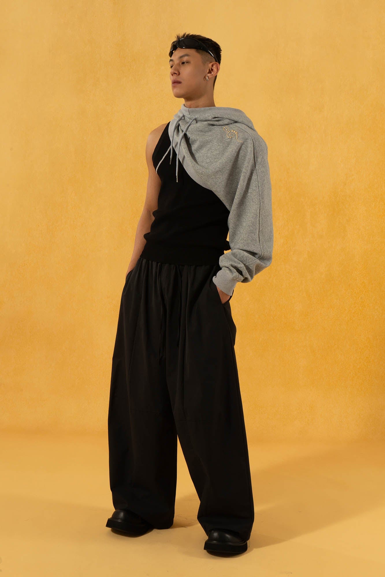 Asymmetrical Layered Top with Hoodie Sleeve