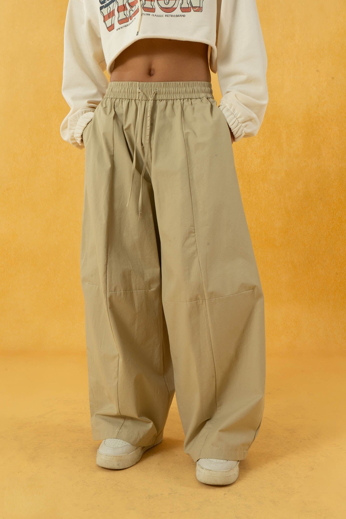 Spliced Wide-Leg Drawstring Pants