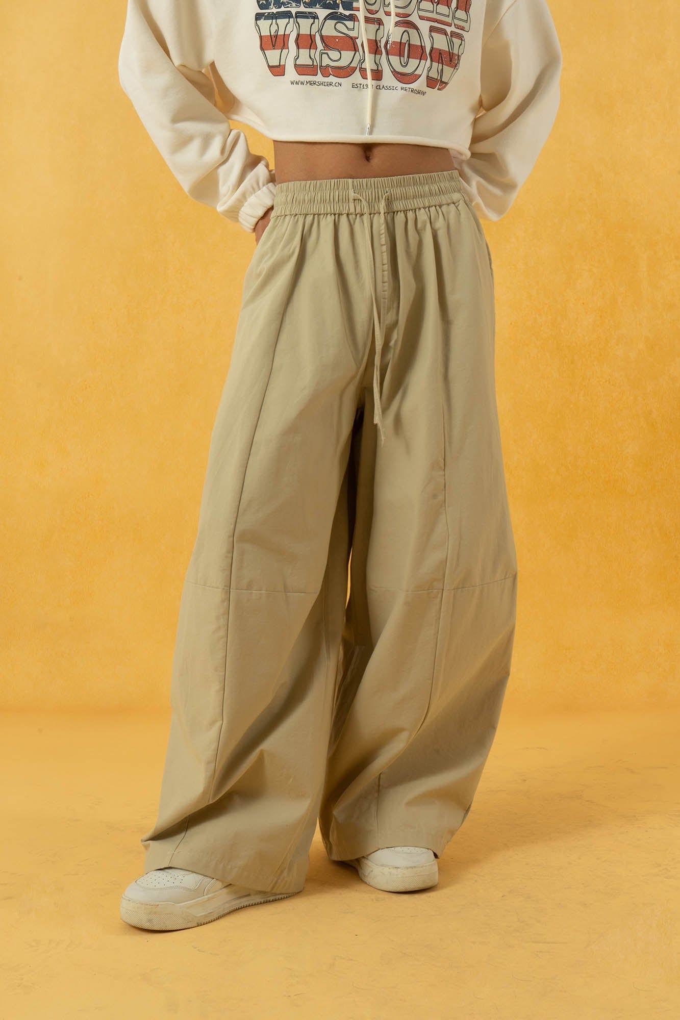 Spliced Wide-Leg Drawstring Pants
