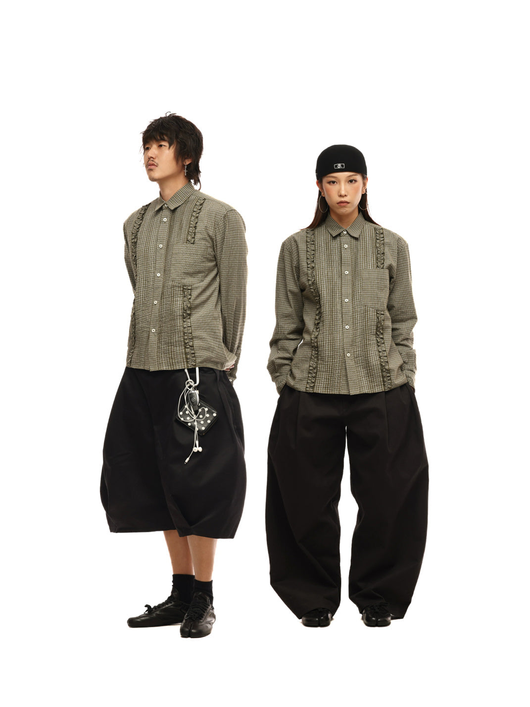 Ruffle Plaid Cotton Shirt - Olive Green