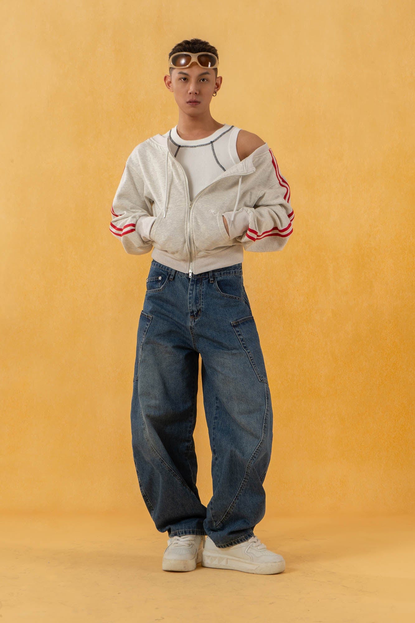 Spliced Baggy Curved Panel Denim Jeans