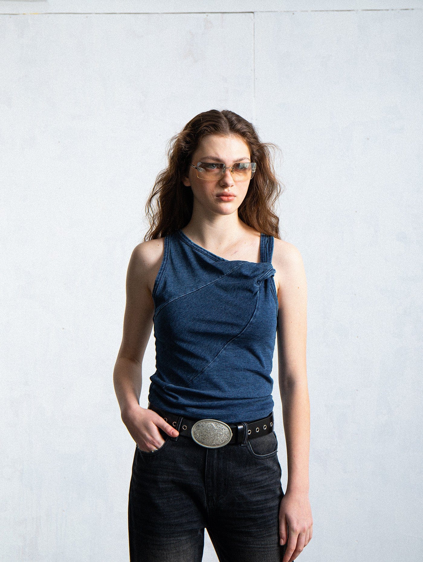 Asymmetrical Navy Tank Top