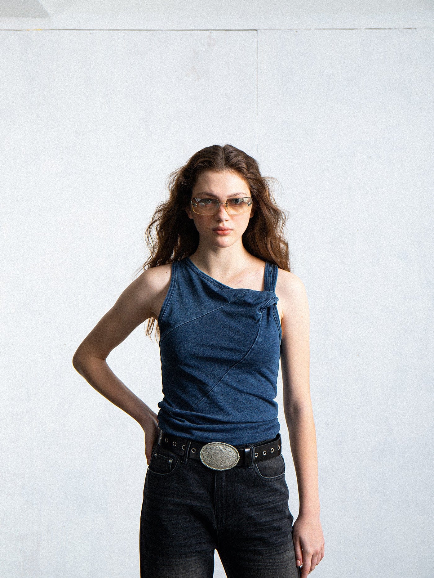 Asymmetrical Navy Tank Top