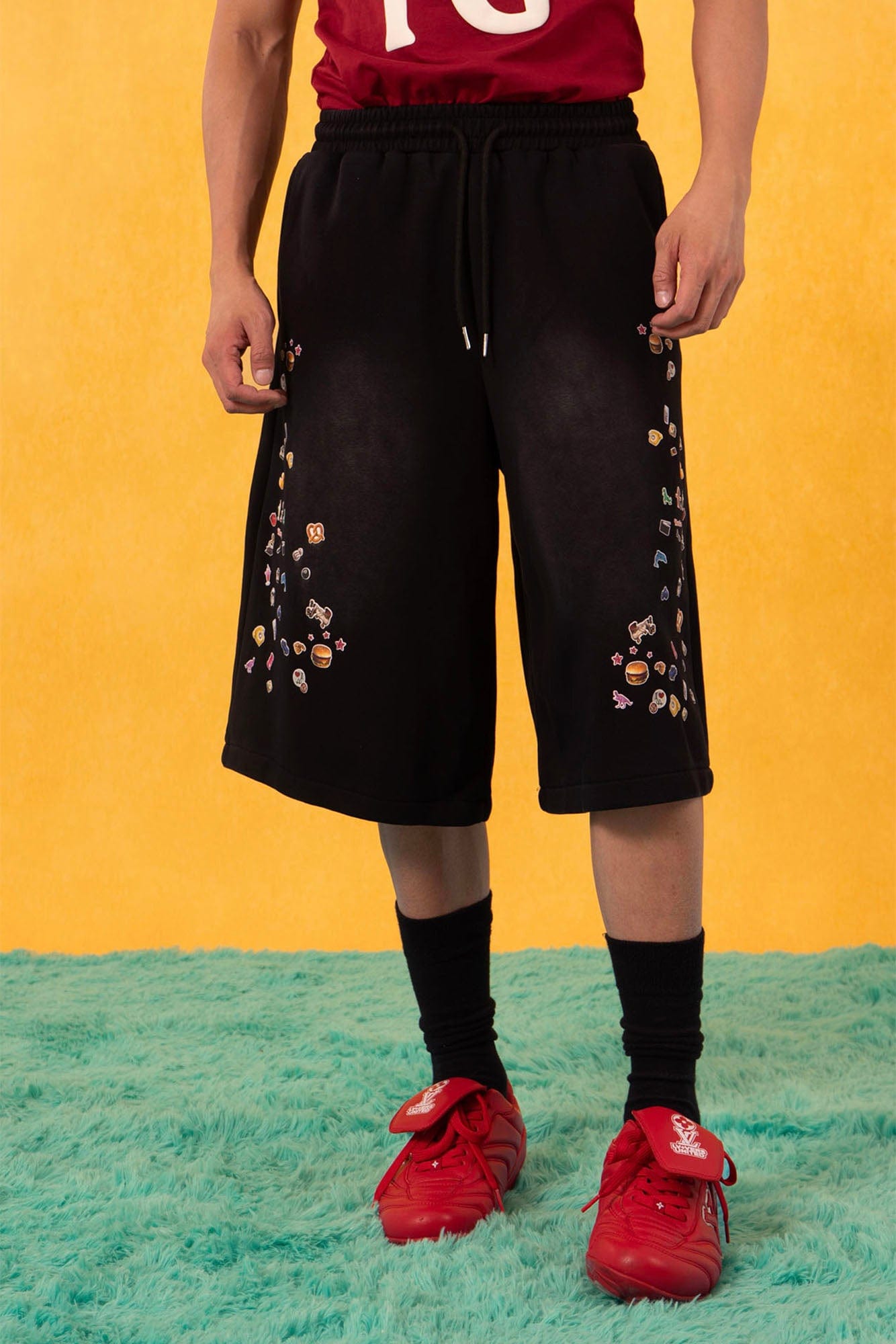 Black Sweat Shorts with Mini Sticker Print Graphics