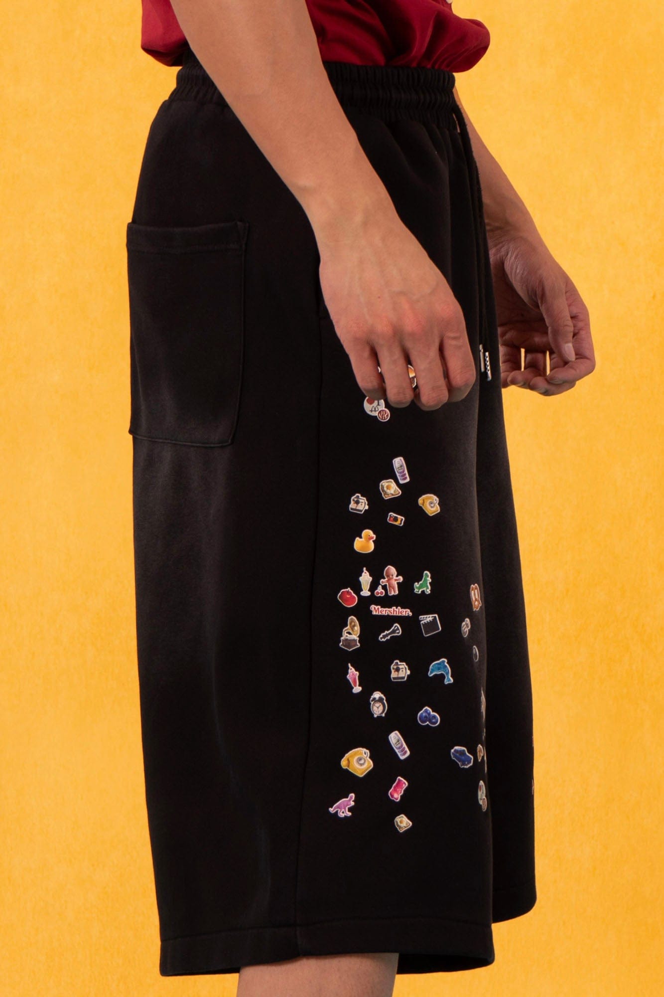 Black Sweat Shorts with Mini Sticker Print Graphics