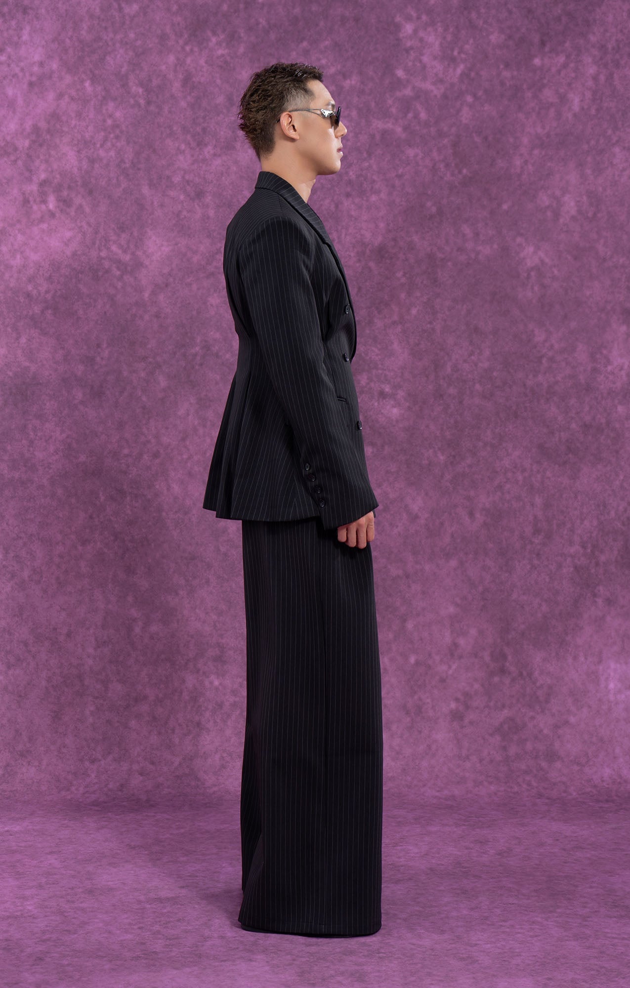 Black Pinstripe Cinched Waist Double-Breasted Blazer