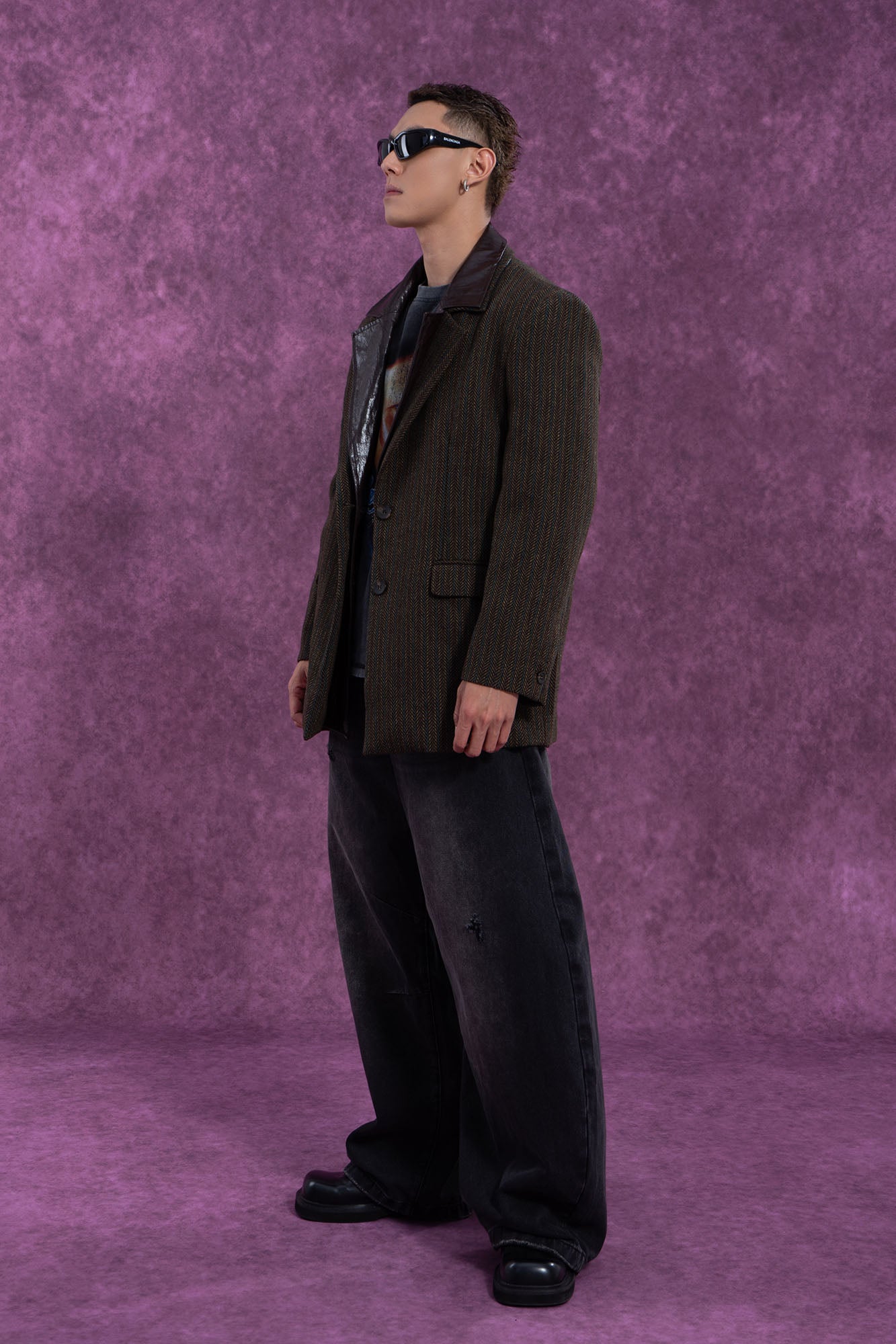 Vintage Herringbone Leather Collar Blazer