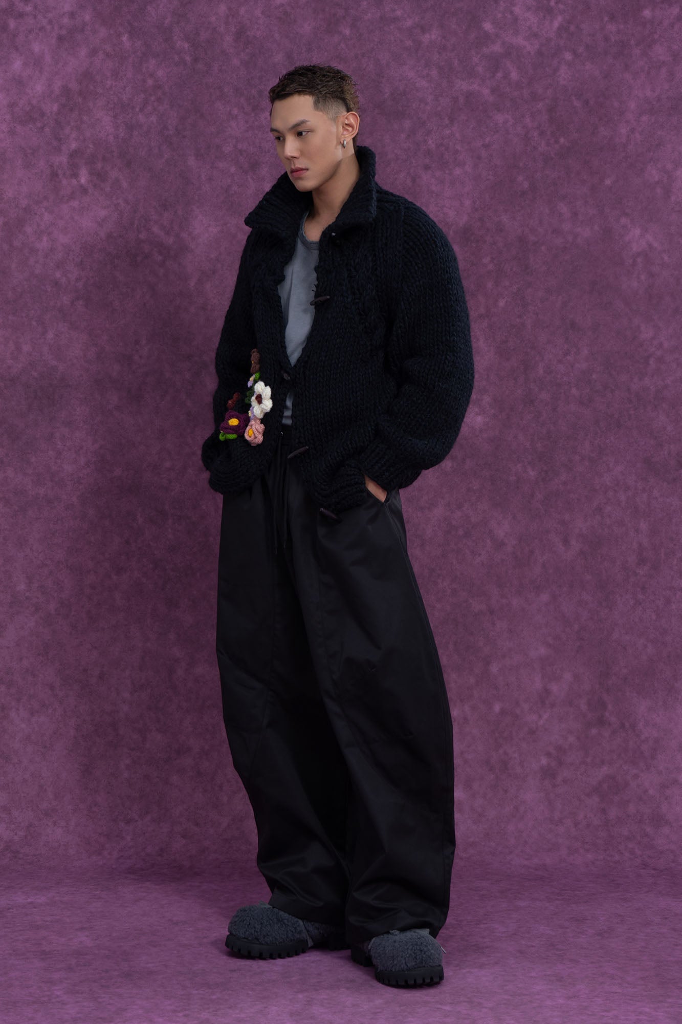 Chunky Knit Cardigan with Crocheted Flowers