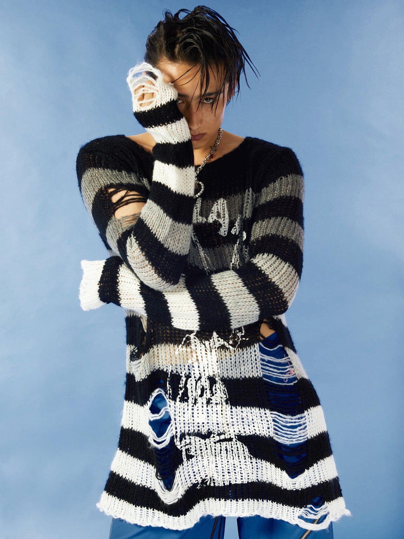 Distressed Striped Knit Sweater