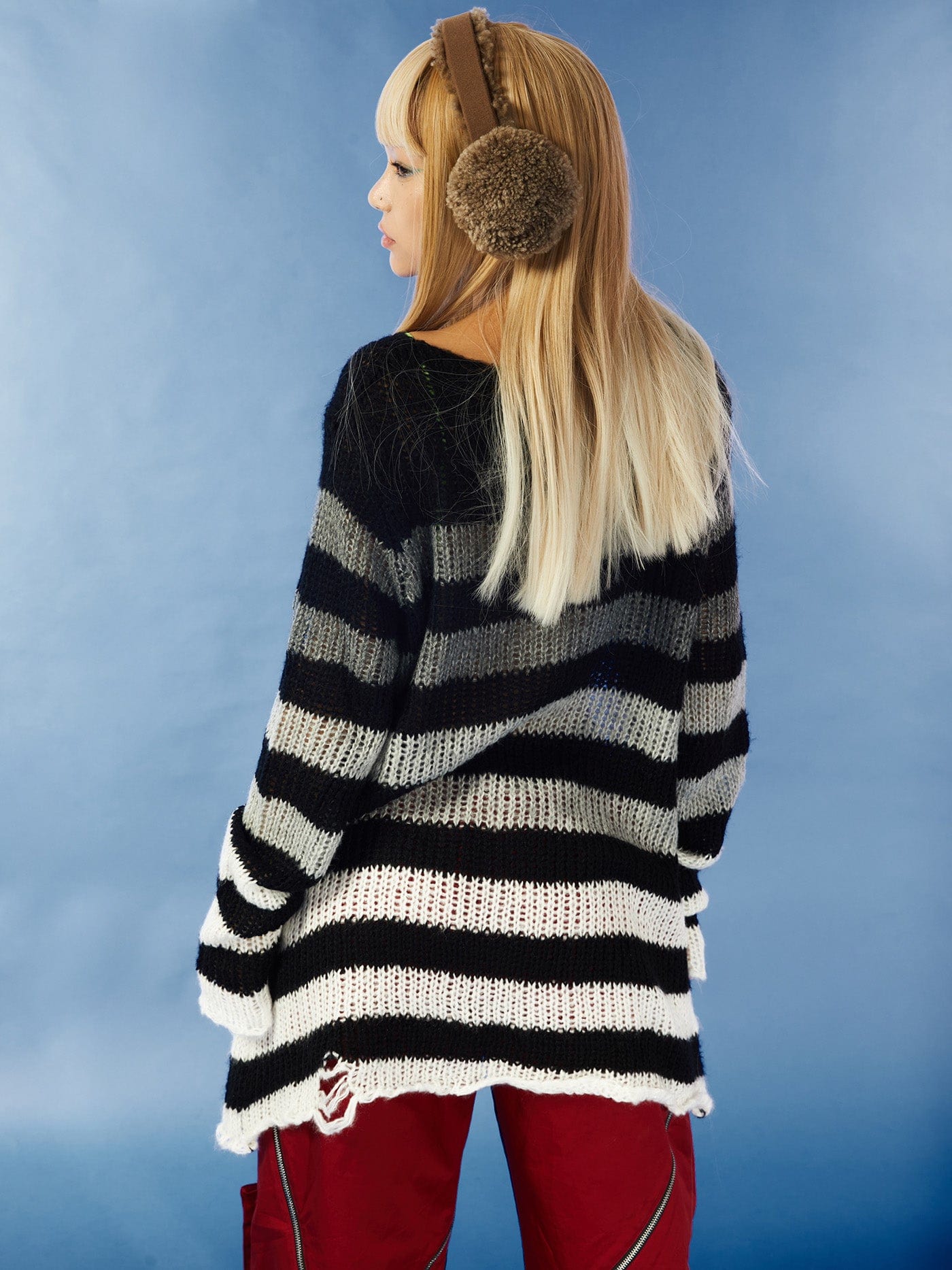 Distressed Striped Knit Sweater