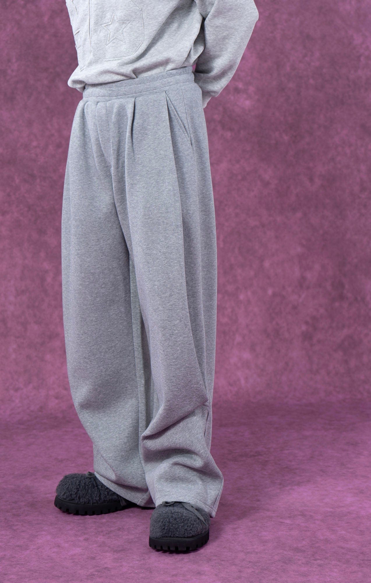 Gray and Black Pleated Wide-Leg Sweatpants