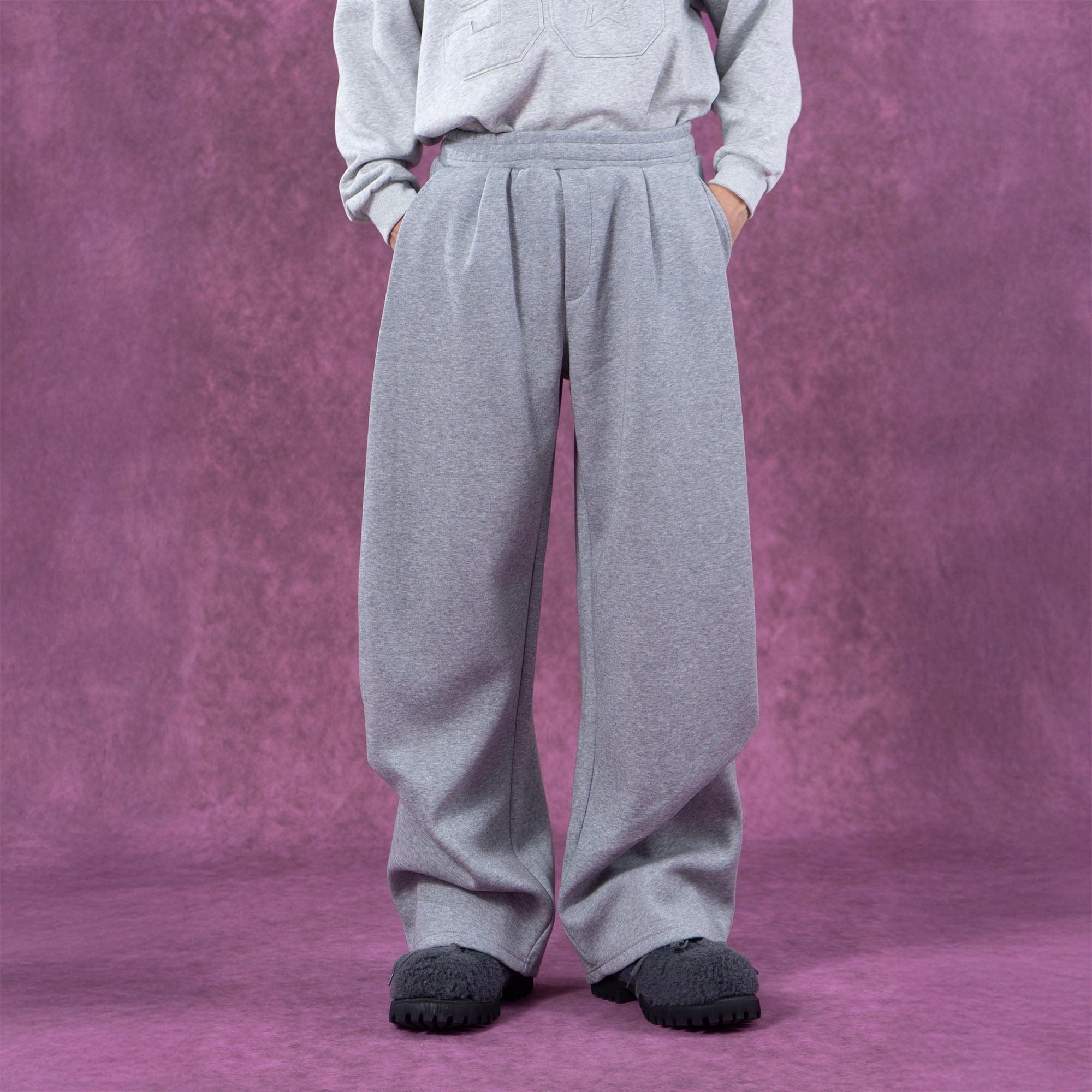 Gray and Black Pleated Wide-Leg Sweatpants