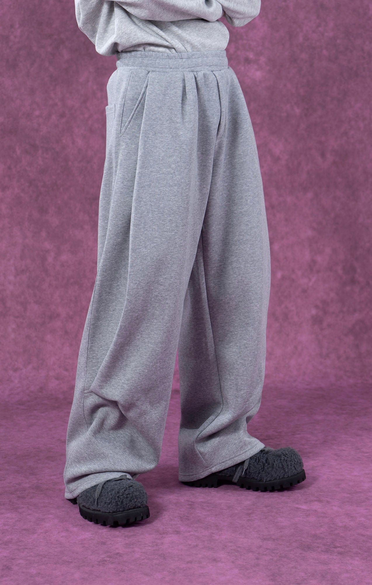 Gray and Black Pleated Wide-Leg Sweatpants