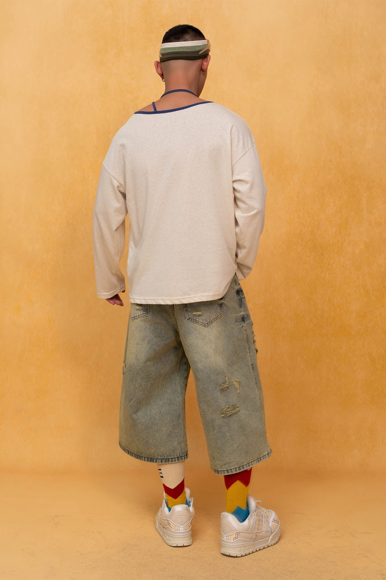 Distressed Wide-Leg Knee-Length Denim Shorts