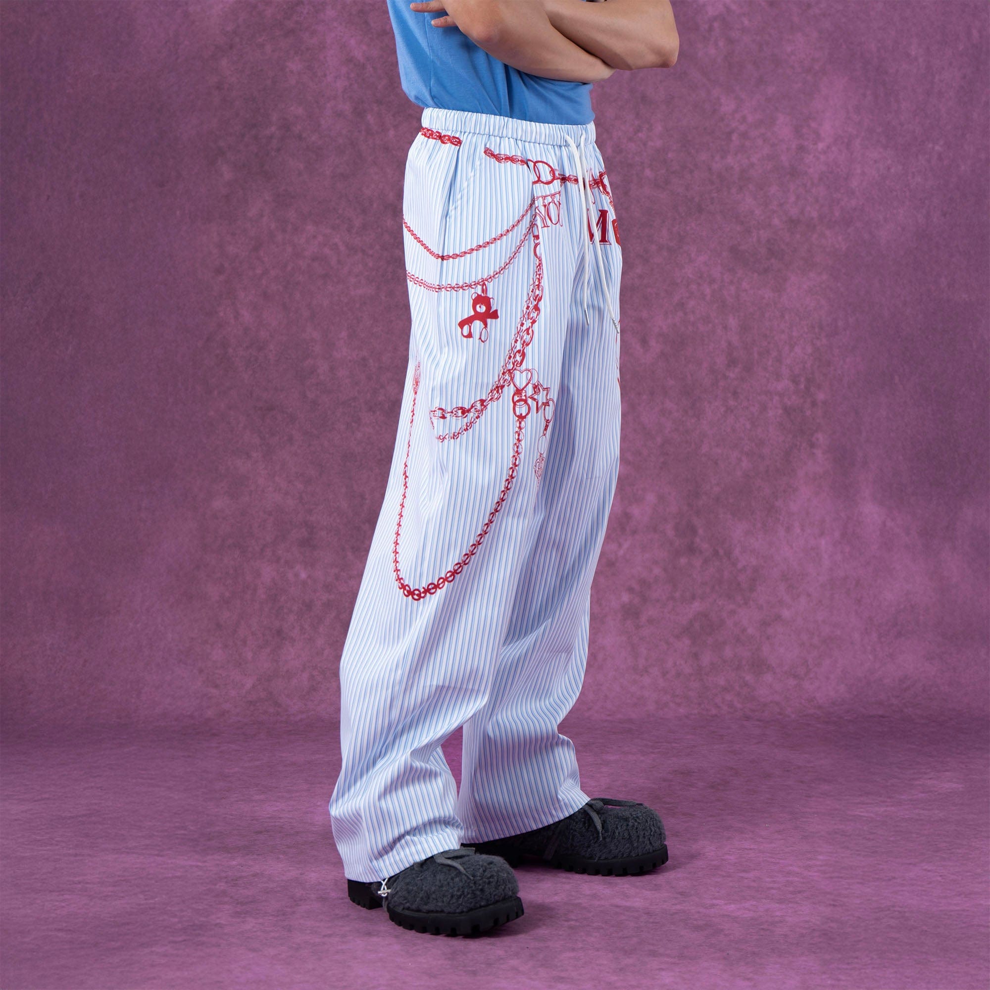Blue Pinstripe Pants with Red Chain Print
