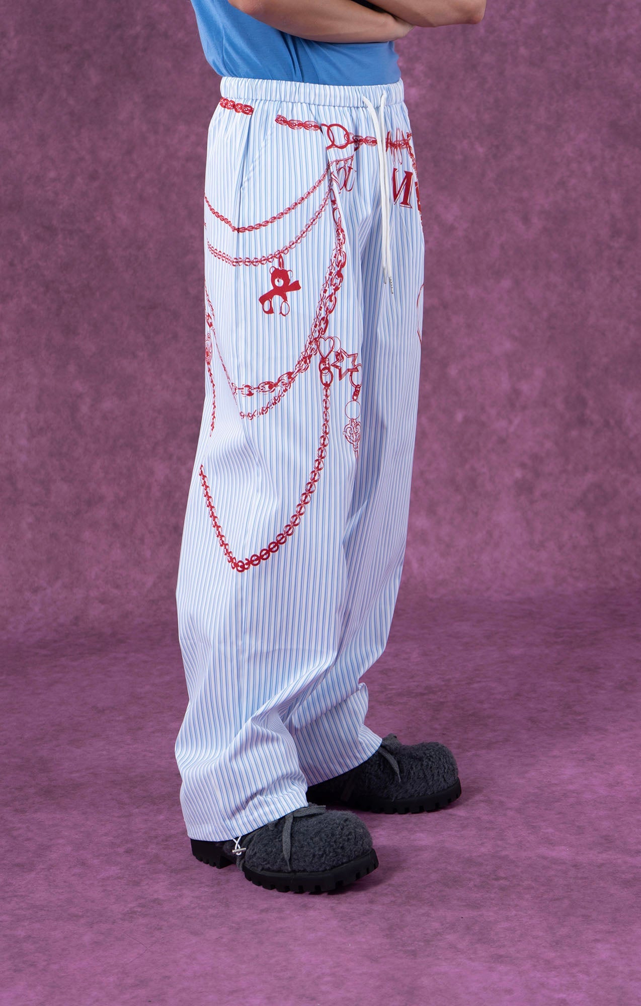 Blue Pinstripe Pants with Red Chain Print