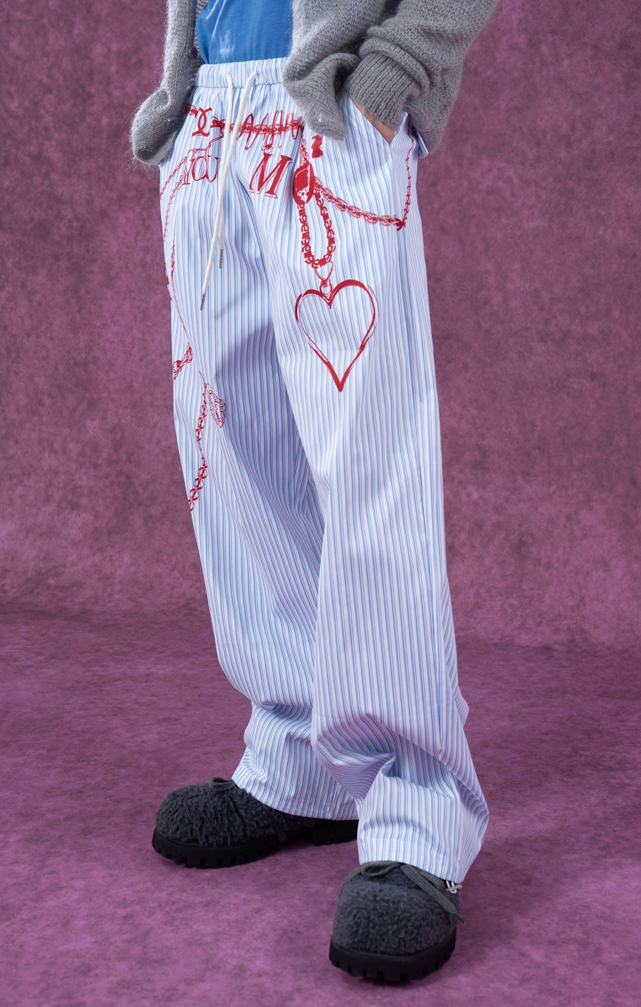 Blue Pinstripe Pants with Red Chain Print