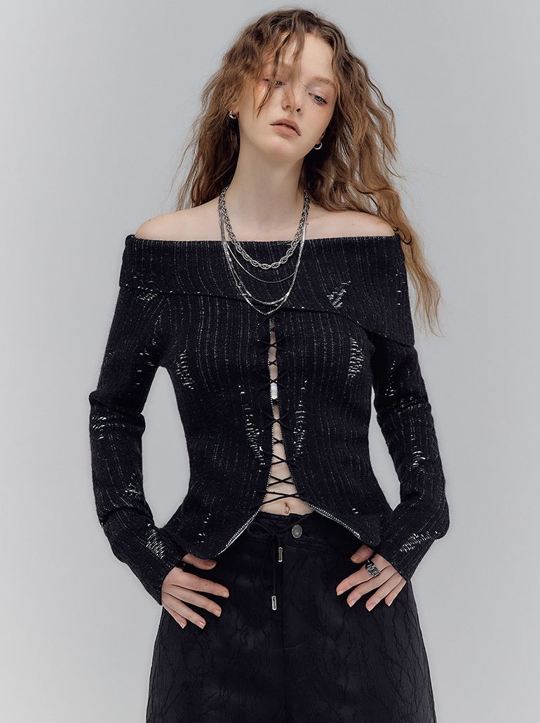 Midnight Siren Off-Shoulder Lace-Up Sweater