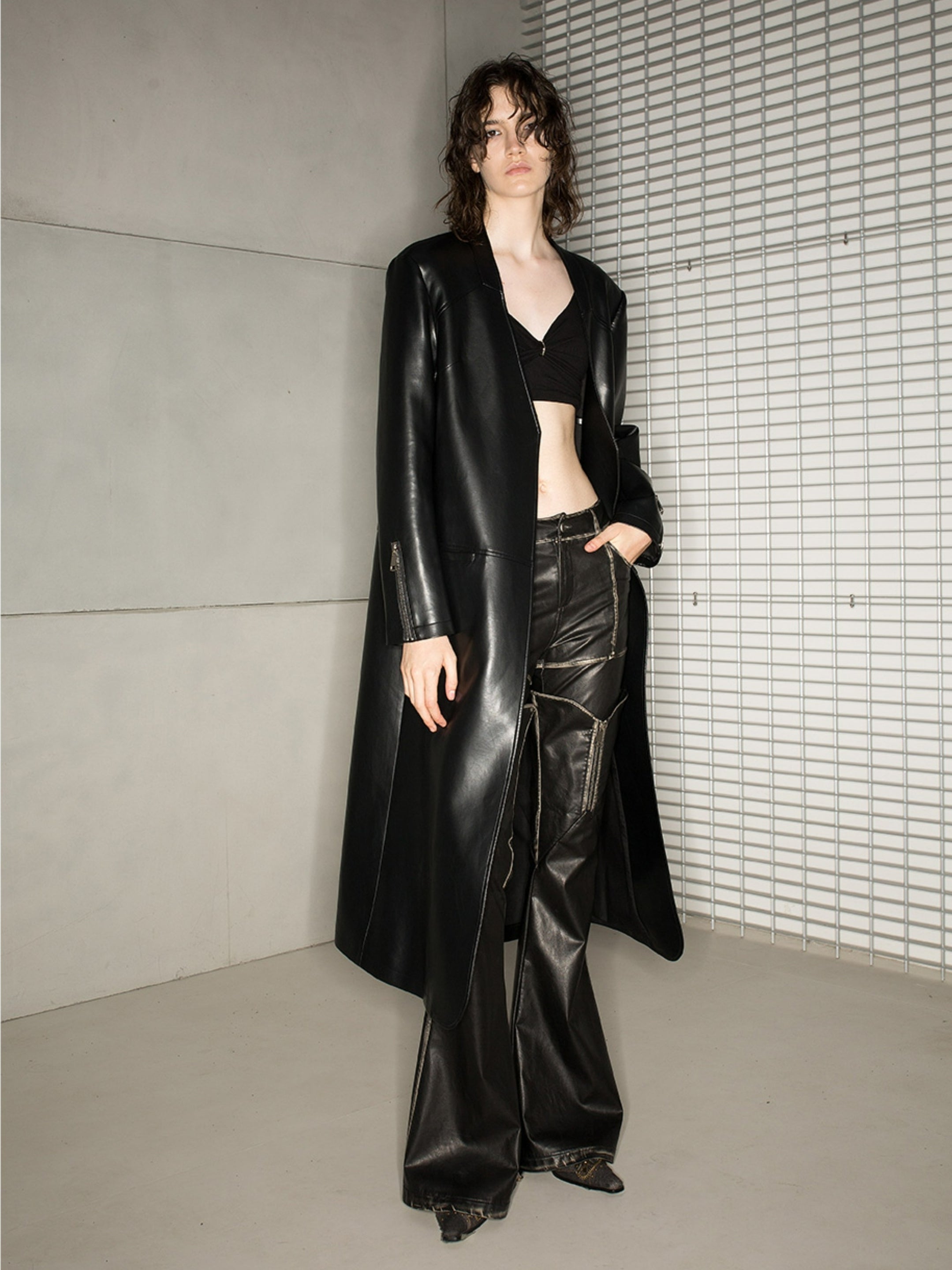 NORTH NODE Avant-Garde Leather Matrix Coat - Jet Black