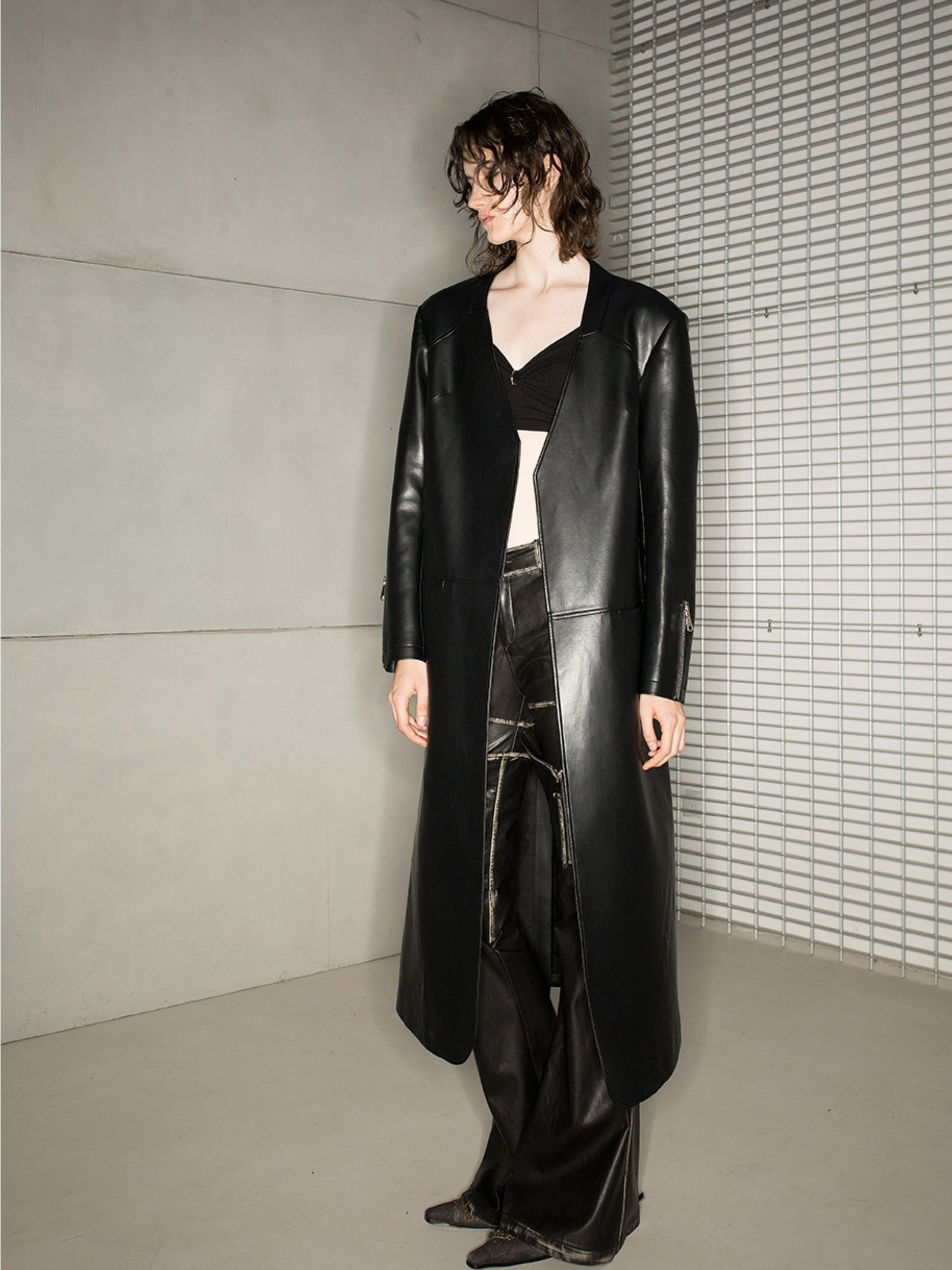 NORTH NODE Avant-Garde Leather Matrix Coat - Jet Black