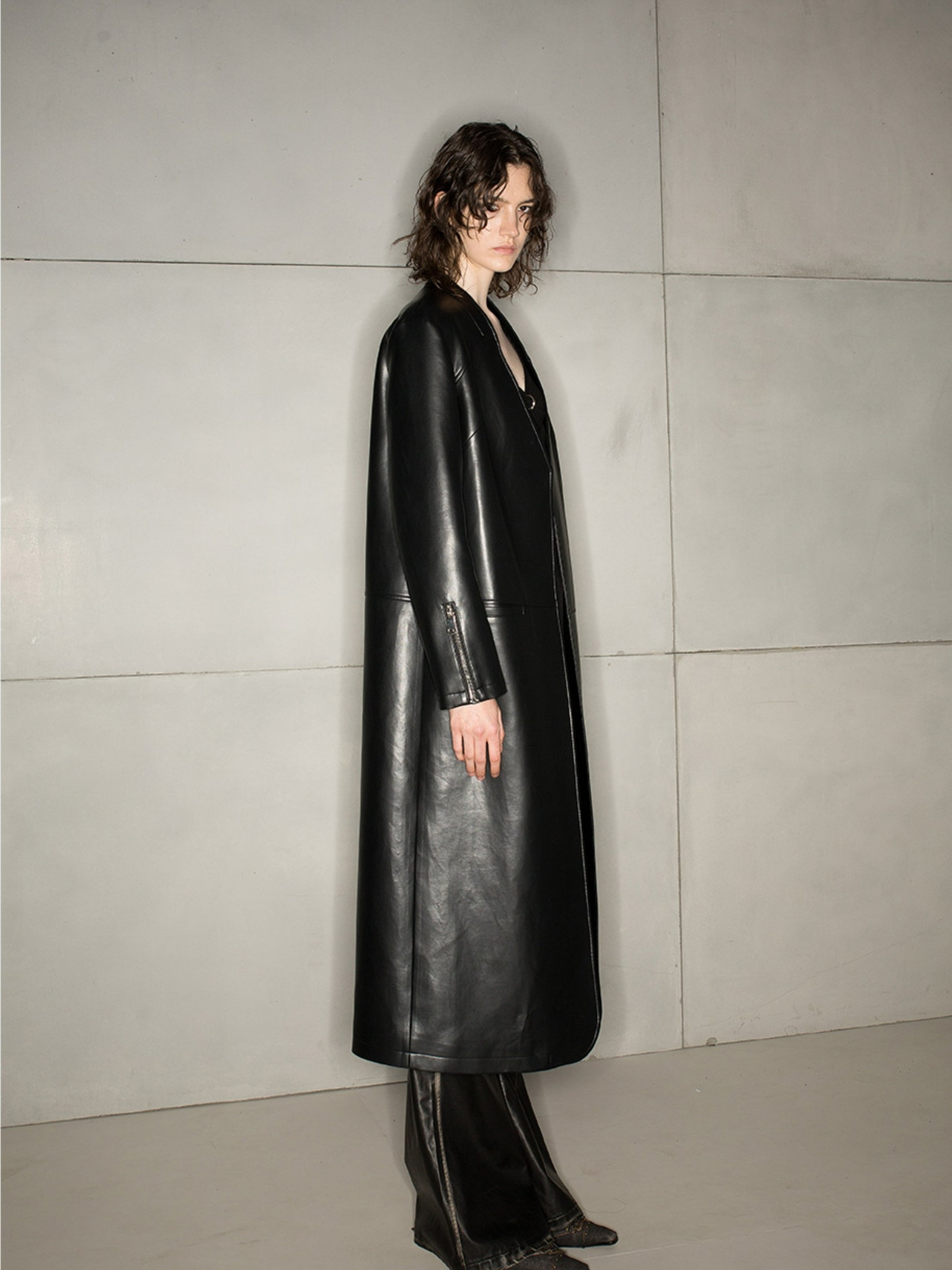 NORTH NODE Avant-Garde Leather Matrix Coat - Jet Black