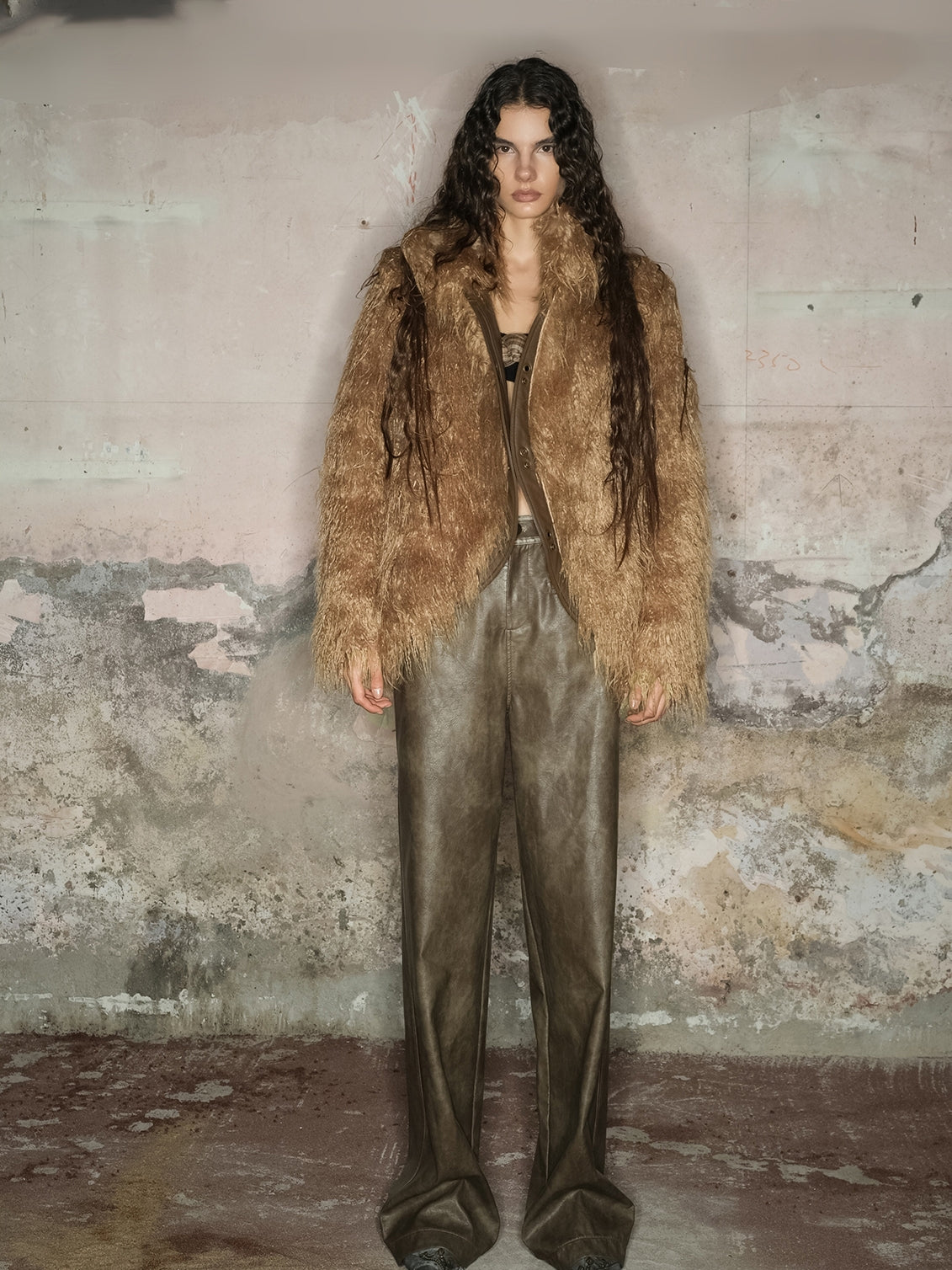 NORTH NODE Avant-Garde Shaggy Faux Fur Coat - Camel and Black