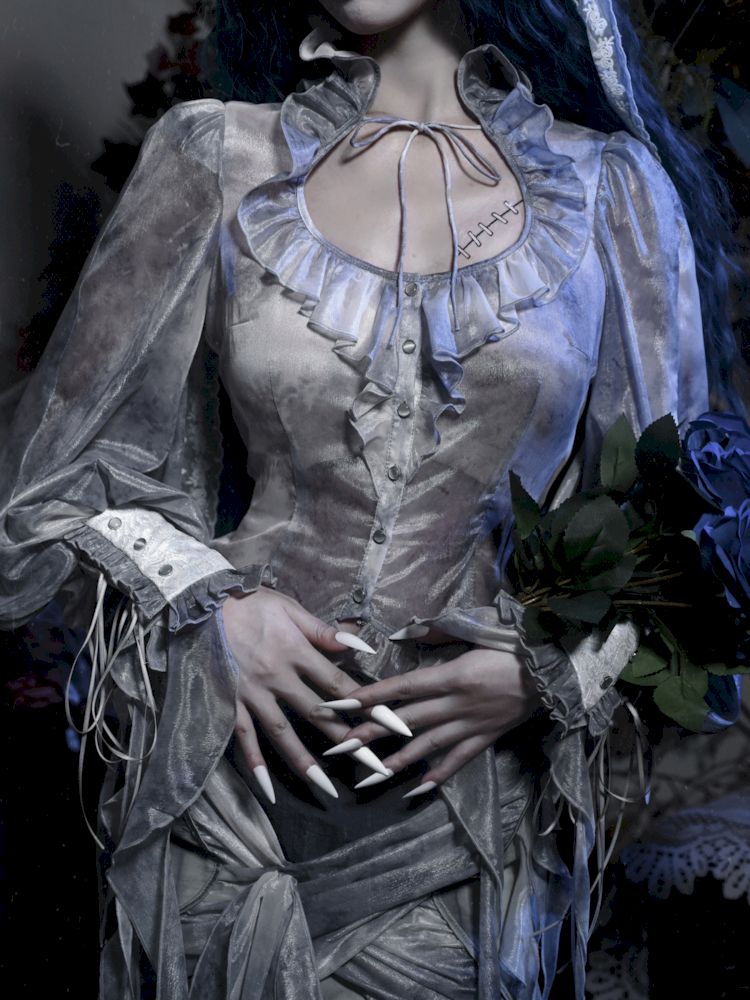 Victorian-Style Blouse with Ruffled Collar and Billowing Sleeves