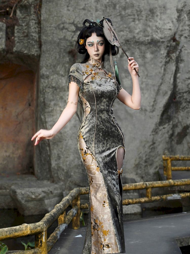 Oriental Velvet Split Dress