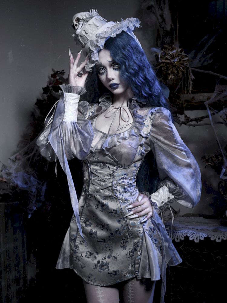 Victorian-style corset dress with blue and gray floral print