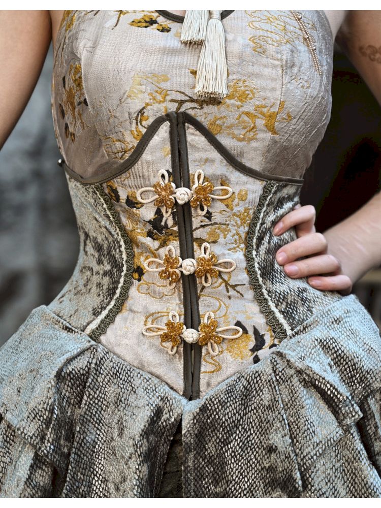 Golden Floral Brocade Corset - Ivory Victorian Lace Bustier