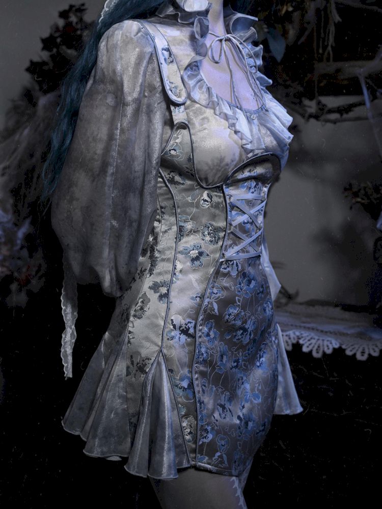 Victorian-style corset dress with blue and gray floral print