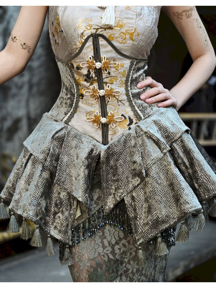 Golden Floral Brocade Corset - Ivory Victorian Lace Bustier