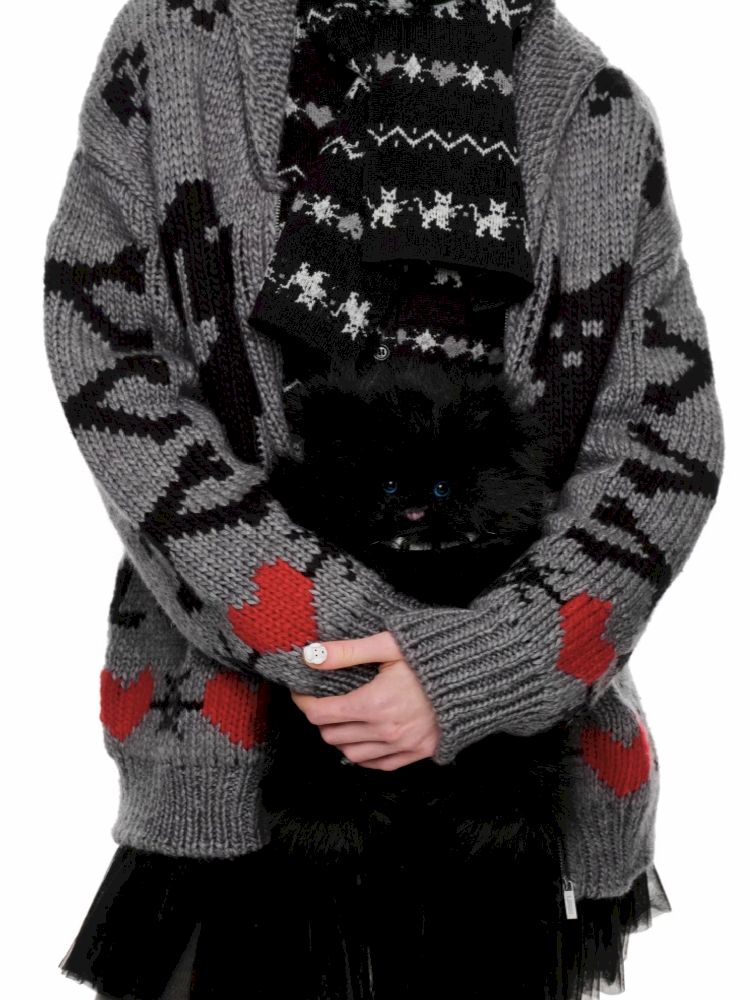 Cat Pixel Pattern Knit Cardigan