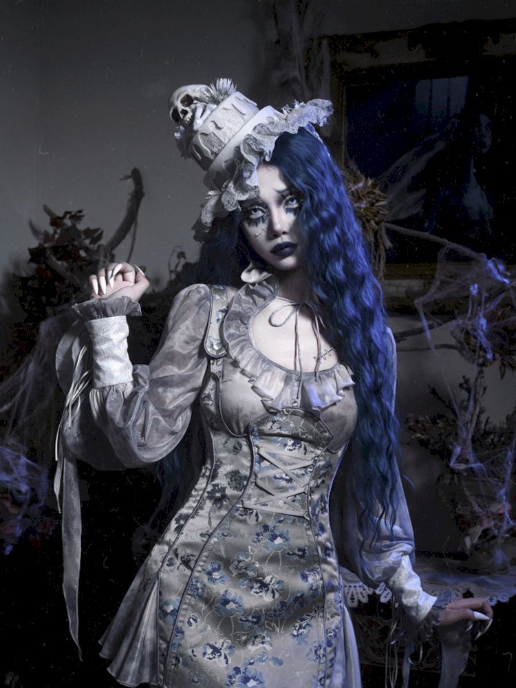 Victorian-style corset dress with blue and gray floral print