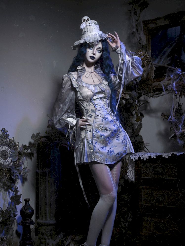 Victorian-style corset dress with blue and gray floral print