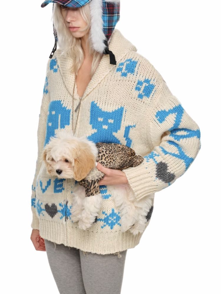 Cat Pixel Pattern Treen Cardigan