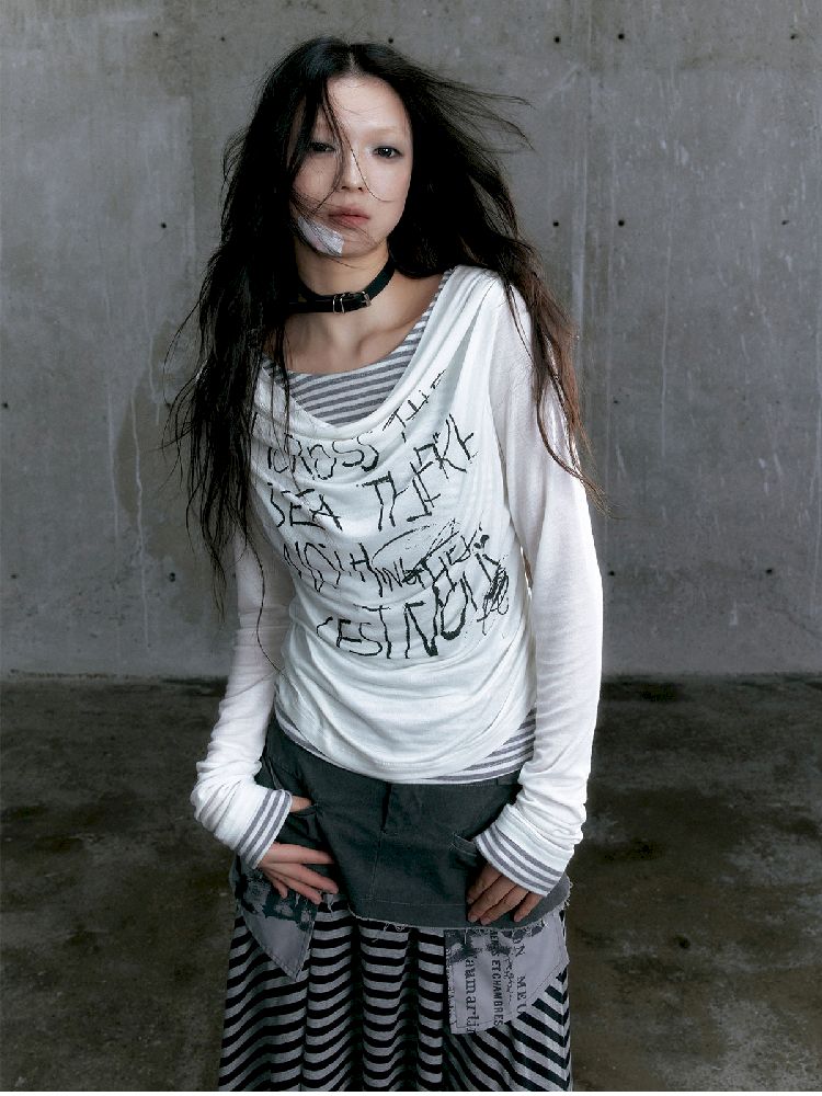 Graffiti Layered Long Sleeve Top