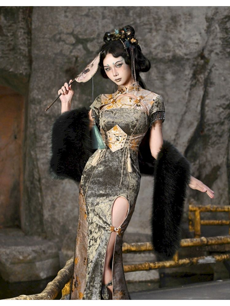 Oriental Velvet Split Dress