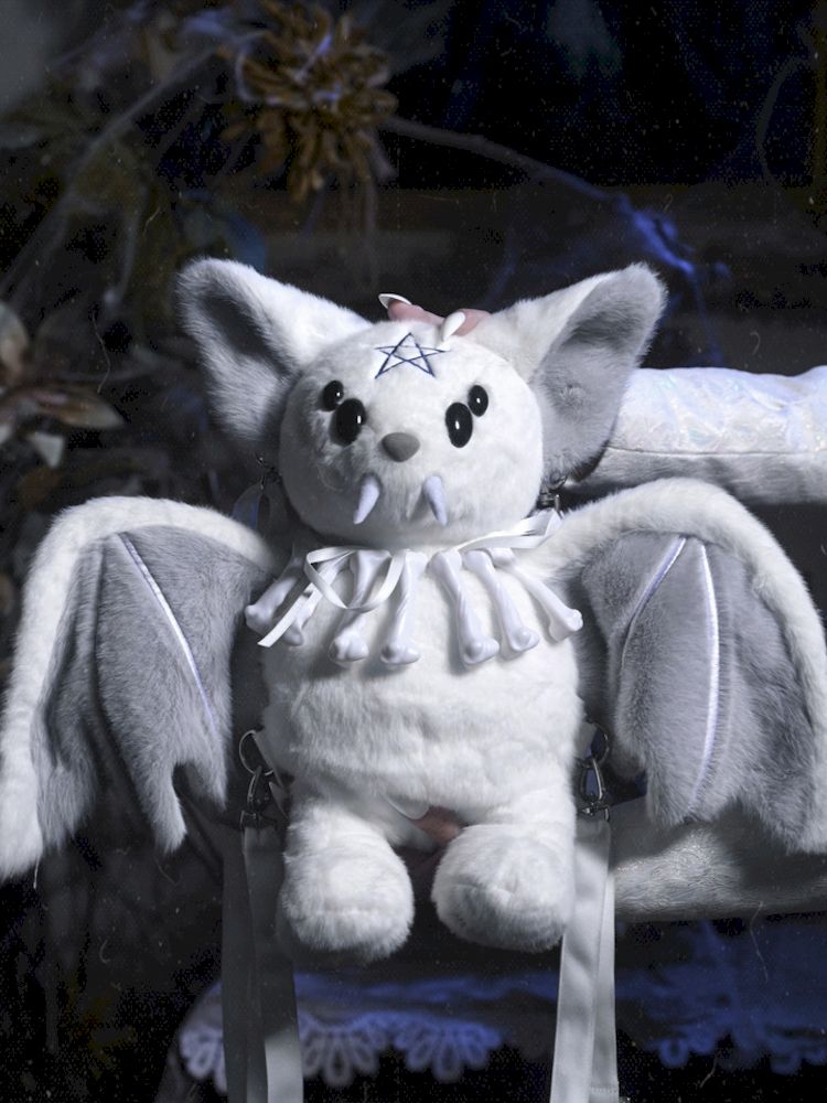 Gothic bat plush backpack with white faux fur