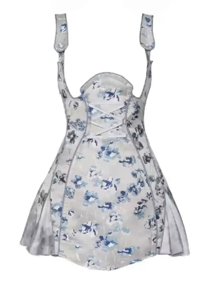 Victorian-style corset dress with blue and gray floral print