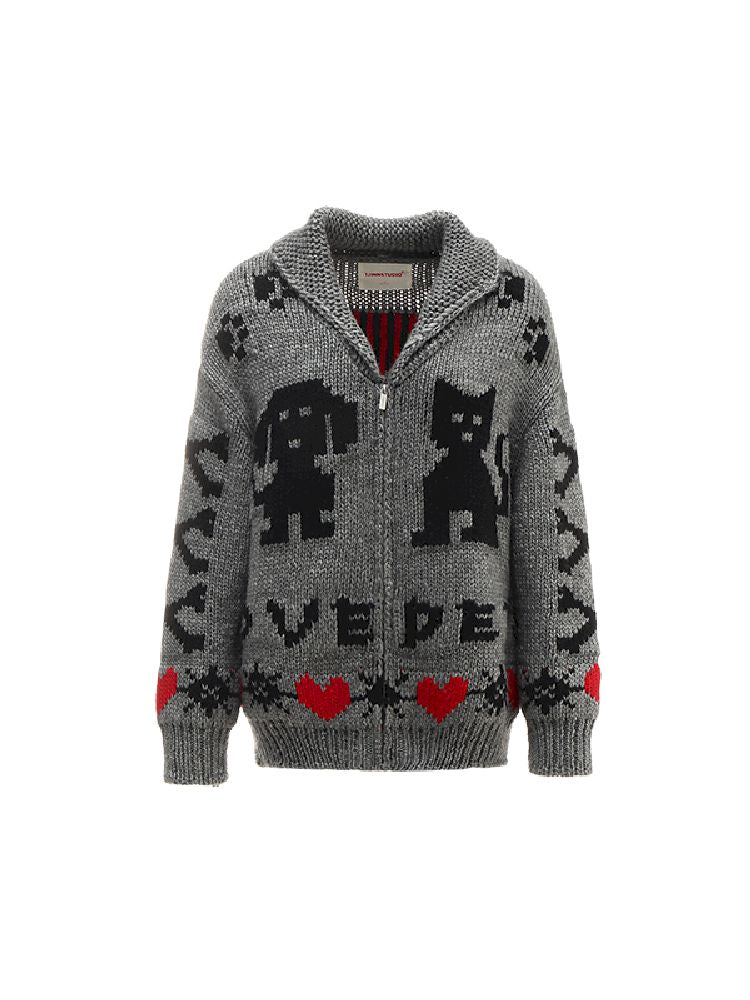 Cat Pixel Pattern Knit Cardigan