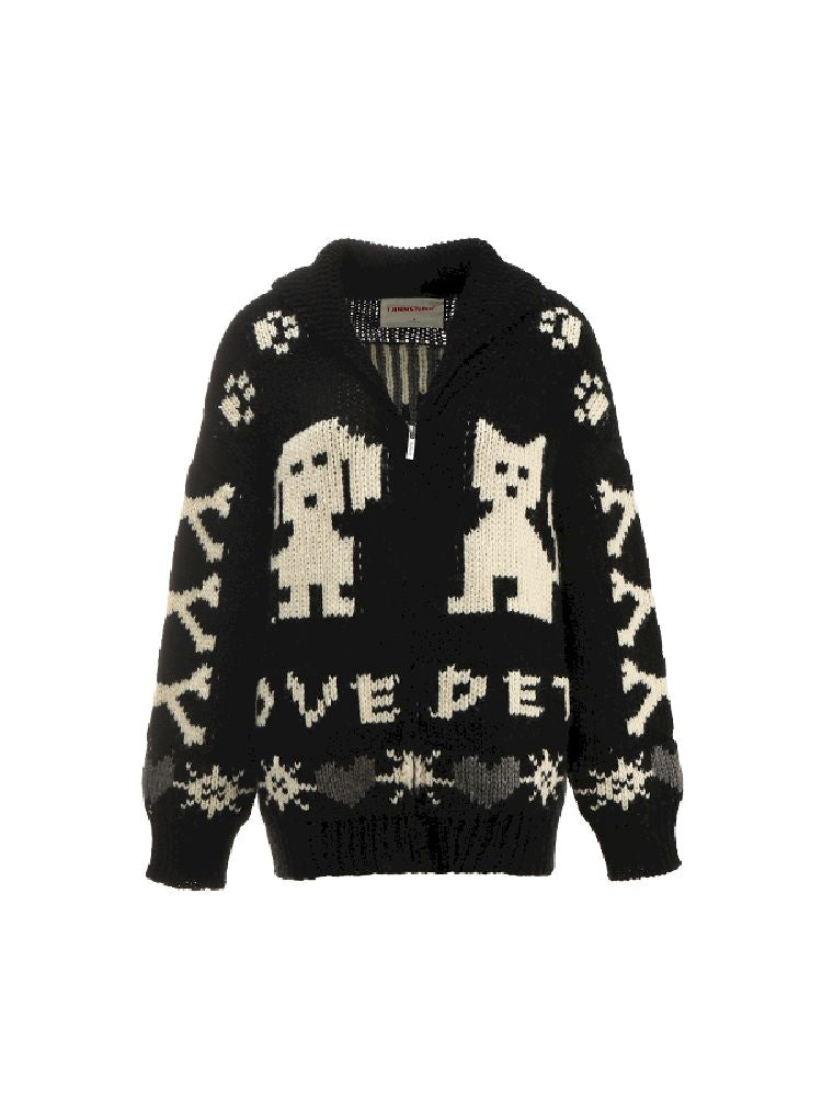 Cat Pixel Pattern Knit Cardigan