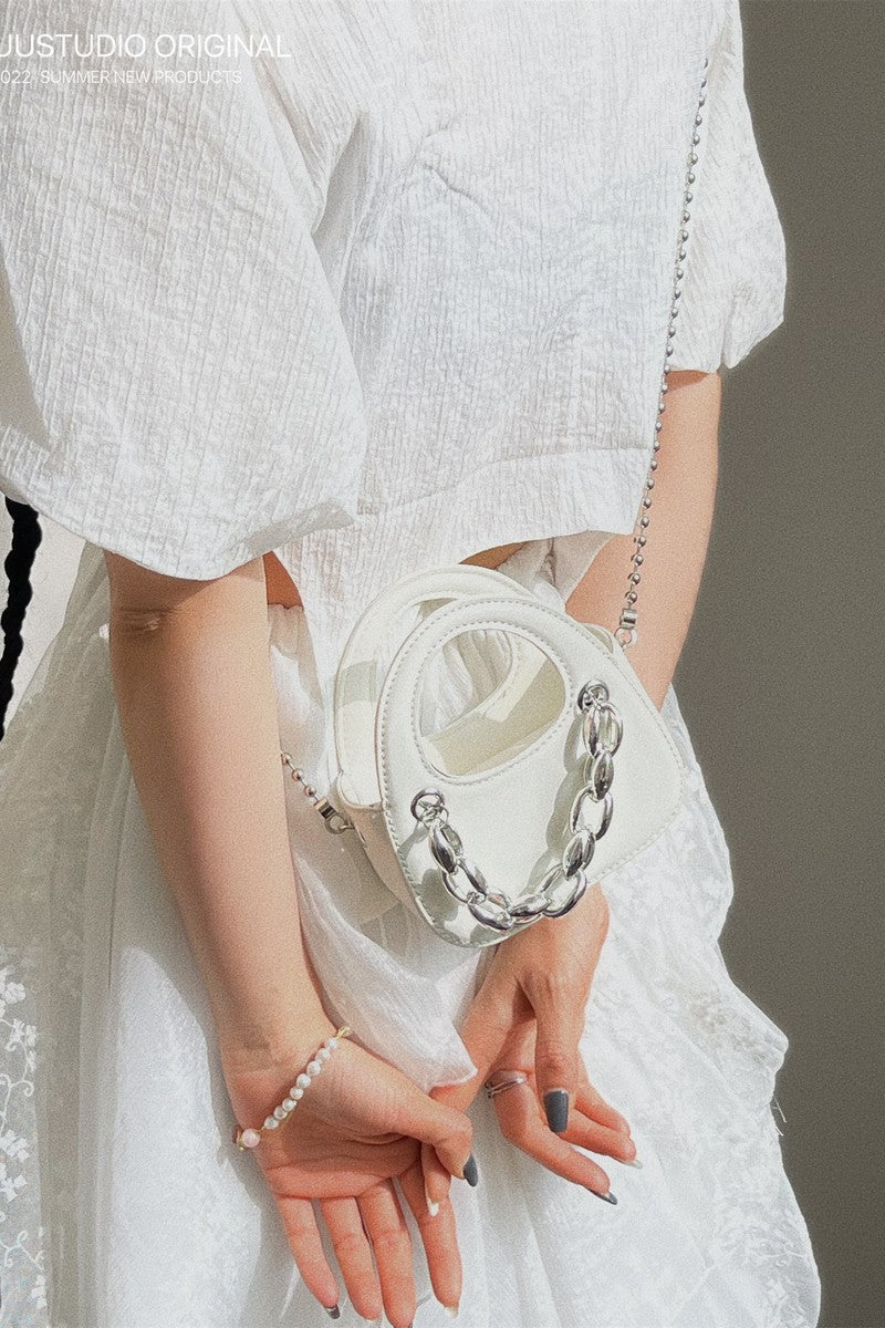 Metallic Silver Chain Detail Mini Handbag