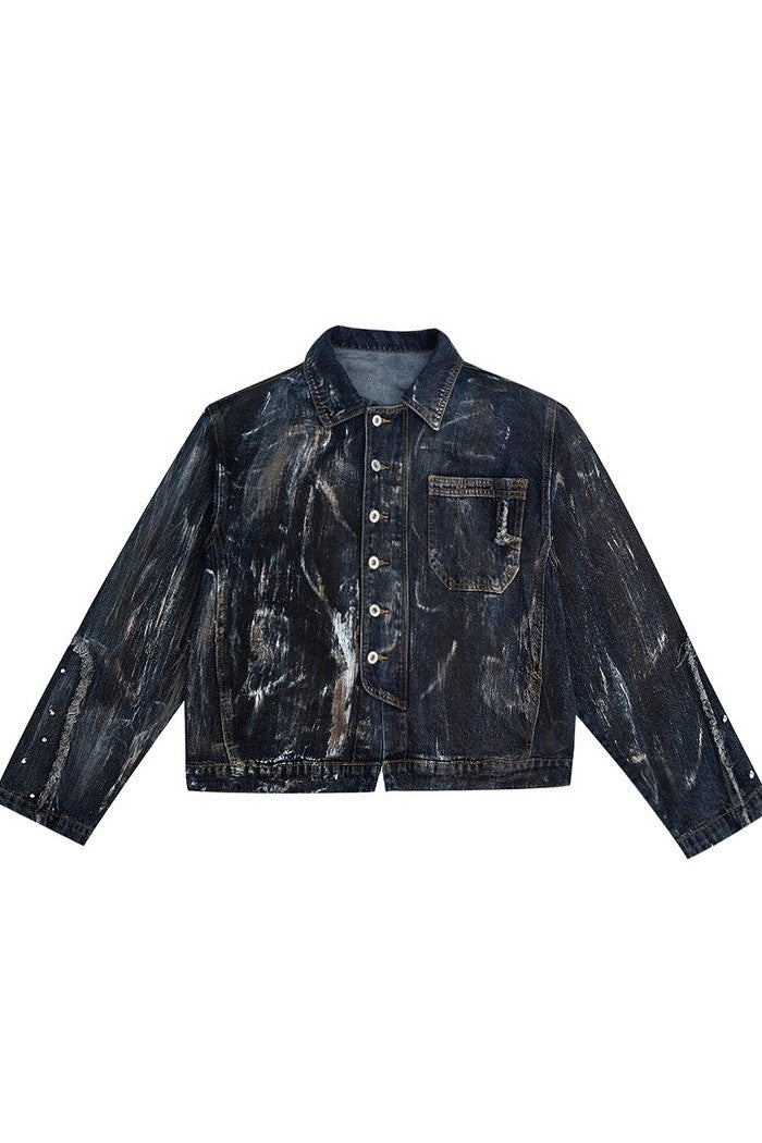 Distressed Denim Jacket with Metal Rivets - chiclara