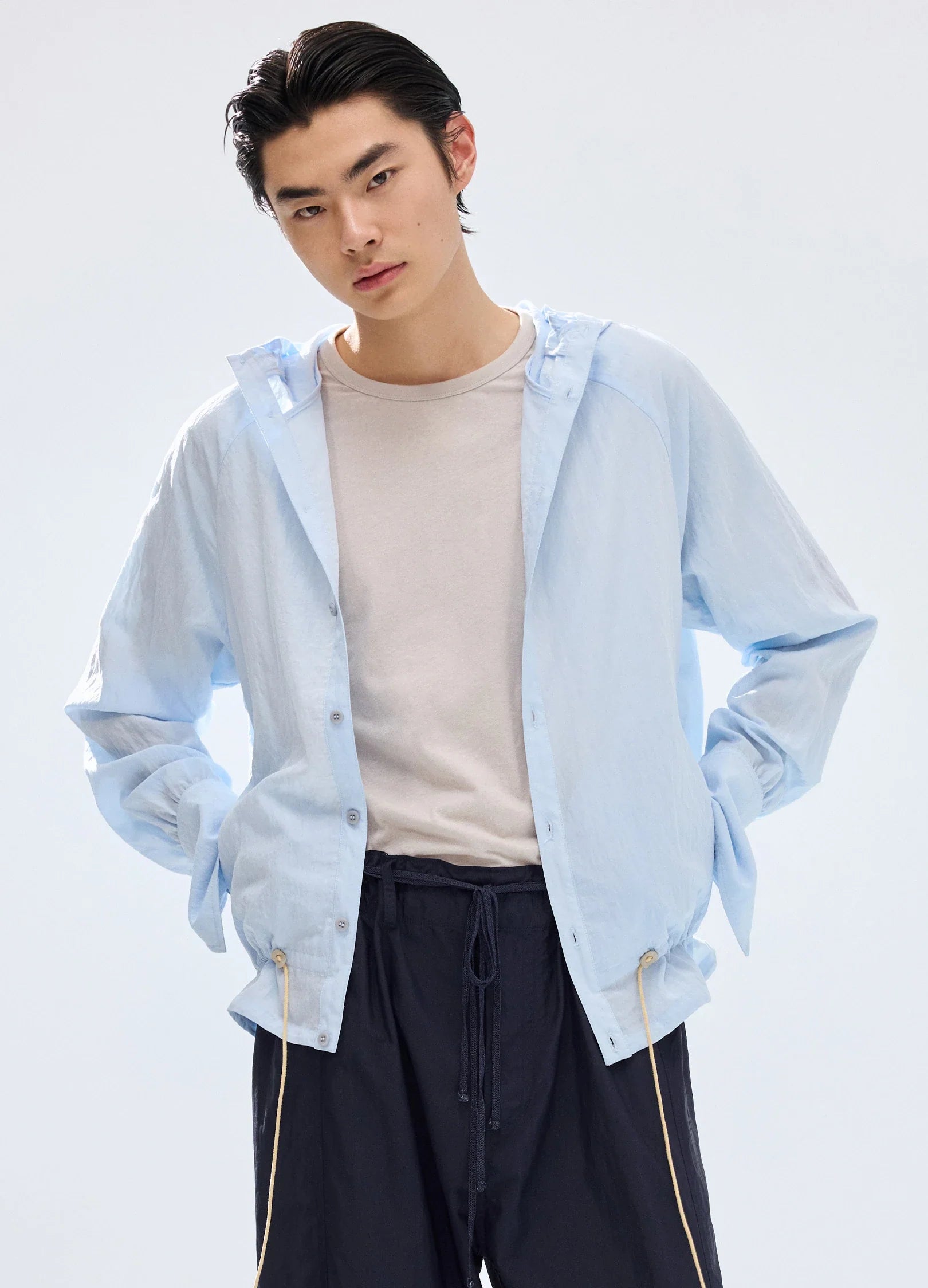 Pleated-Hood Drawstring Shirt
