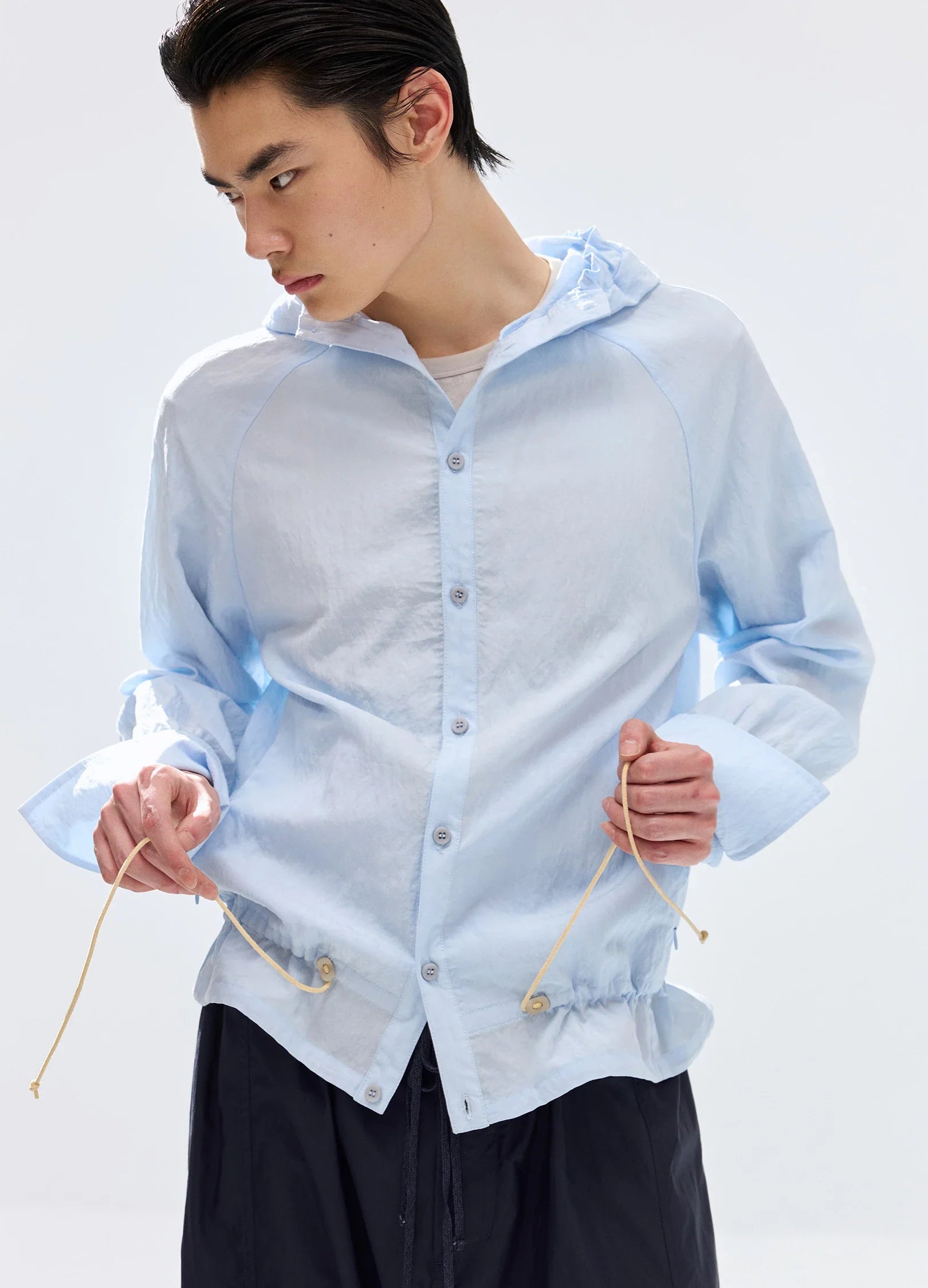 Pleated-Hood Drawstring Shirt