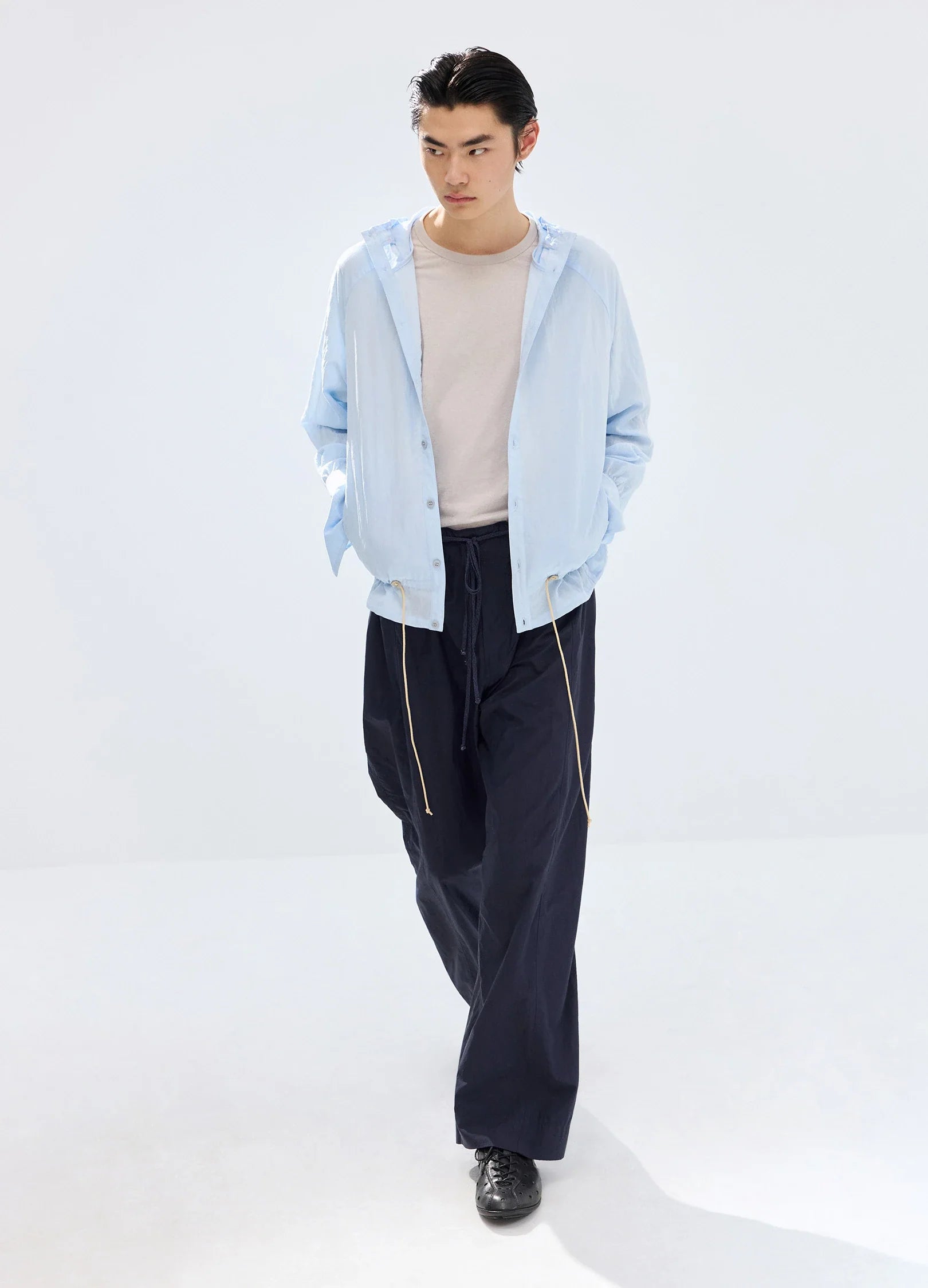 Pleated-Hood Drawstring Shirt