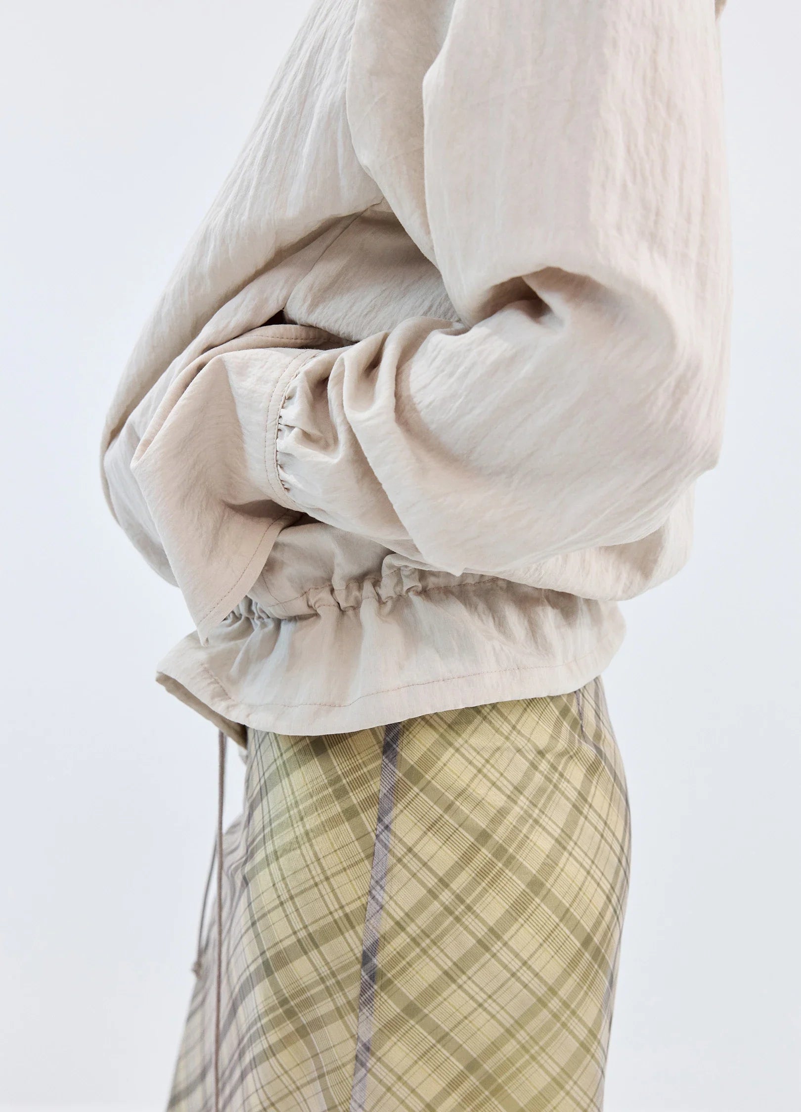 Pleated-Hood Drawstring Shirt