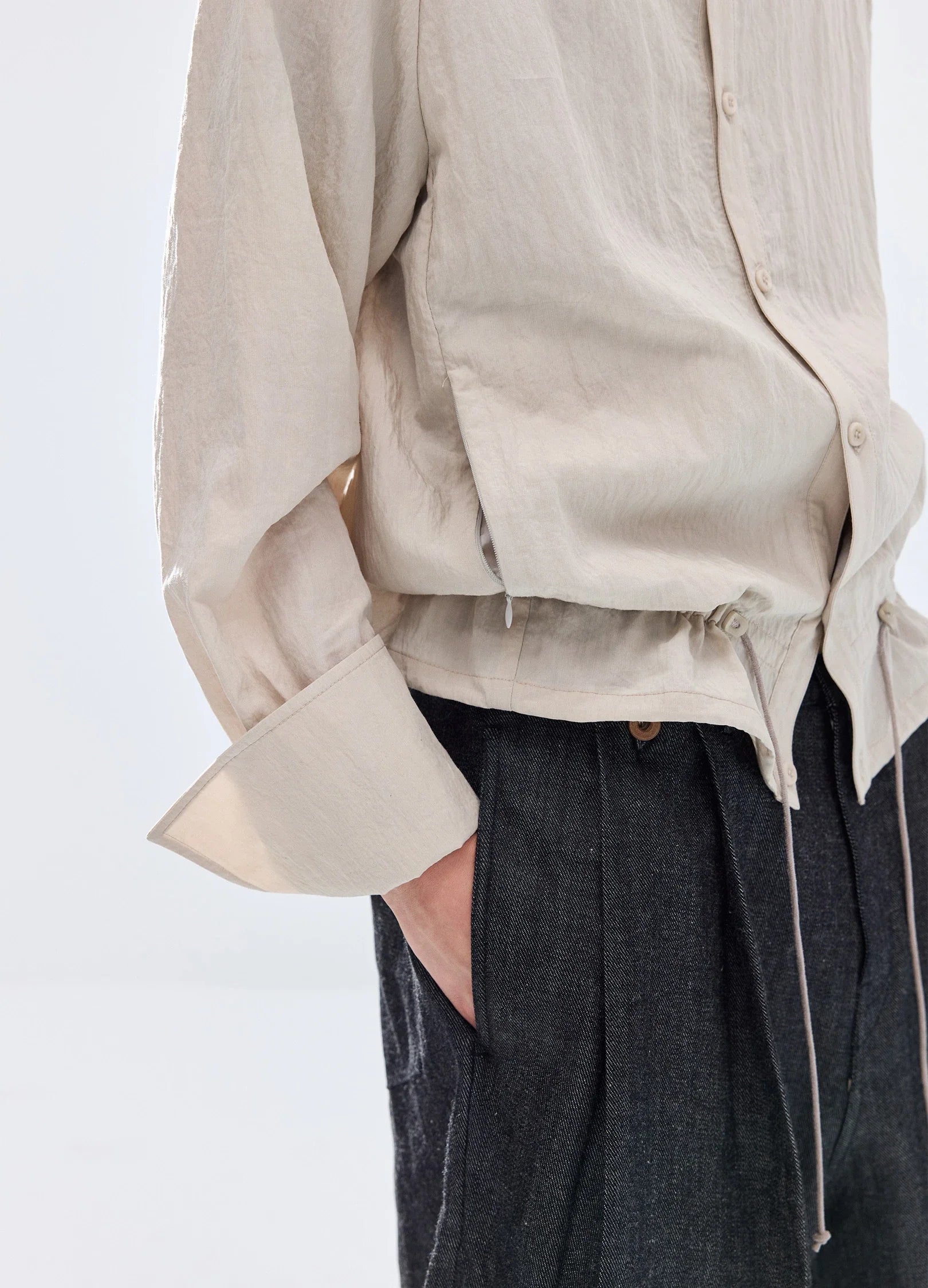Pleated-Hood Drawstring Shirt